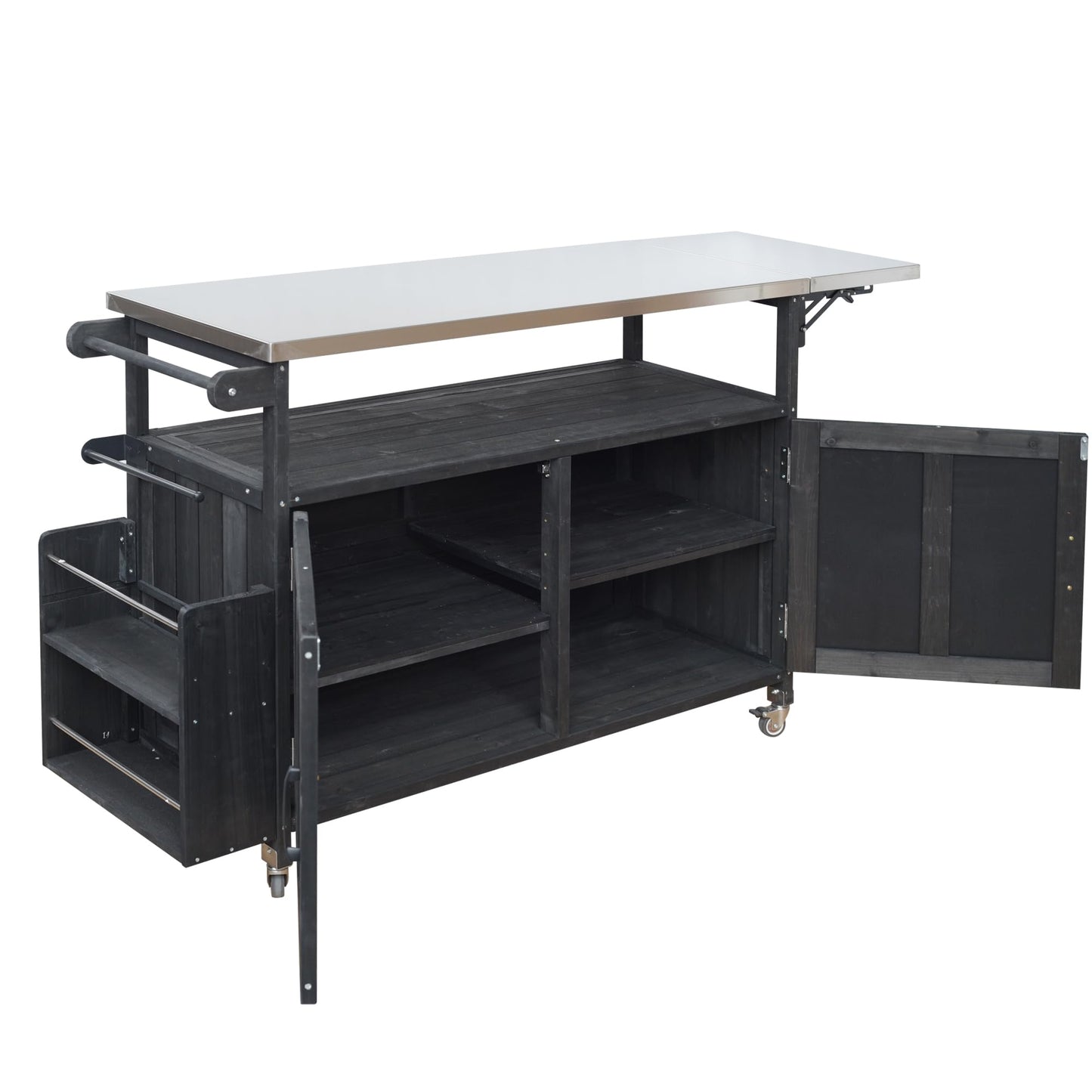 Outdoor Kitchen Island Cart with Foldable Stainless Steel Top, Rolling Grill Table with Adjustable Shelf Storage Spice Rack and Towel Holder, Wooden BBQ Prep Station with Lockable Wheels, Black