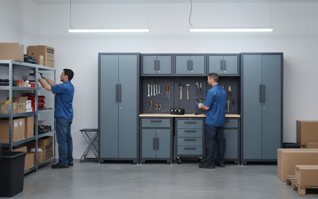 Tsnritor Garage Storage Cabinet System, 9PCS Tool Chest Workbench Storage System in Black, Included Steel Cabinets Drawers Rolling Chest and Pegboard,Locked Garage Storage Cabinet,Grey Handle