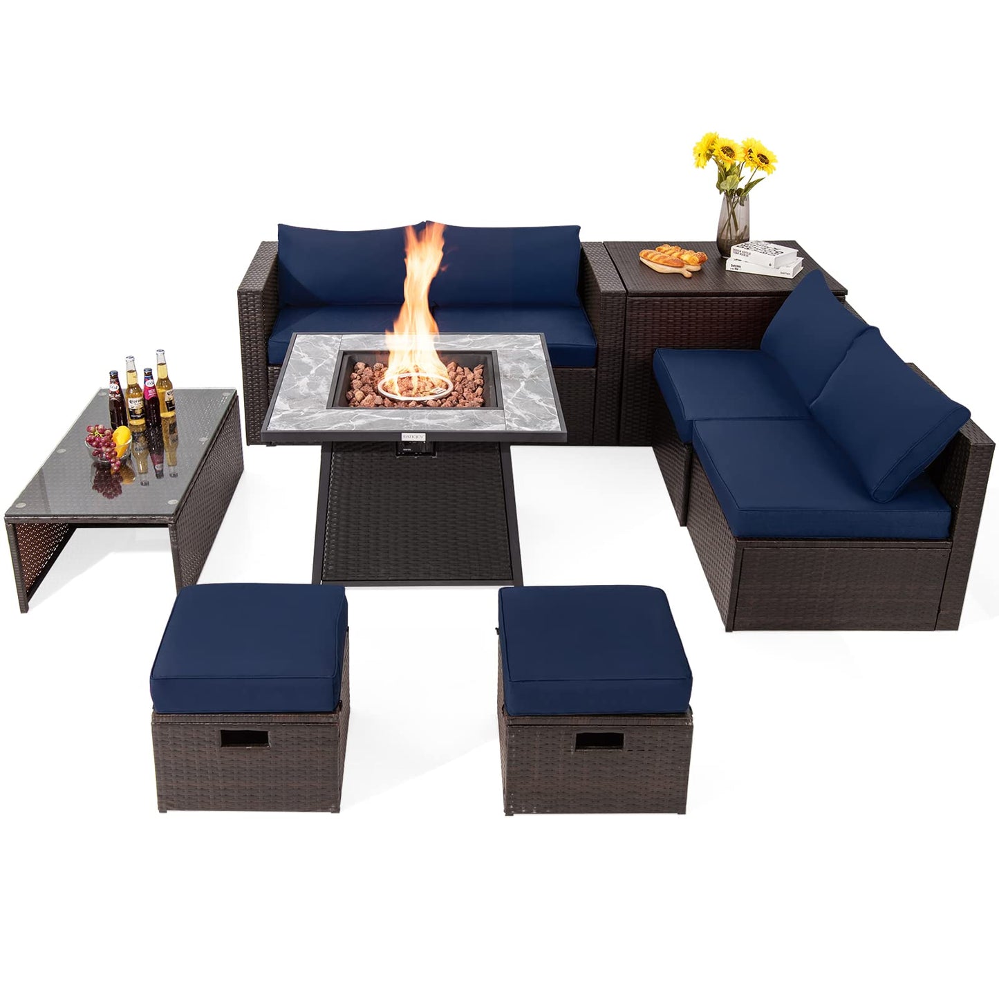 Tangkula 9 Pieces Outdoor Patio Furniture Set with 35-Inch Propane Fire Pit Table, Outdoor PE Wicker Sectional Sofa Set with Storage Box and Cushions, 50,000 BTU Gas Fire Pit Table (Navy)