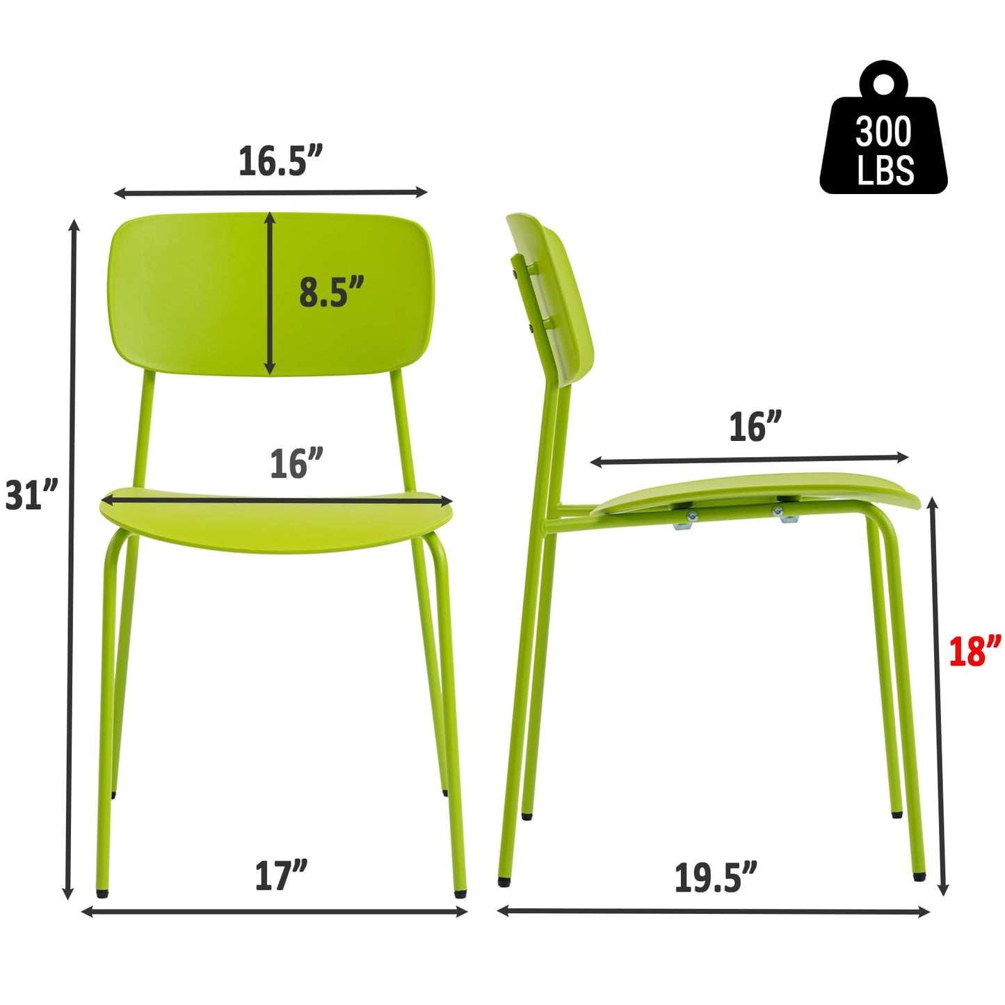 Sidanli Stackable Chairs Set of 4, Metal Waiting Room Chairs with Plastic Seat, Capacity 300lbs, Stacking Chairs for Office Conference Break Room Lobby, Green