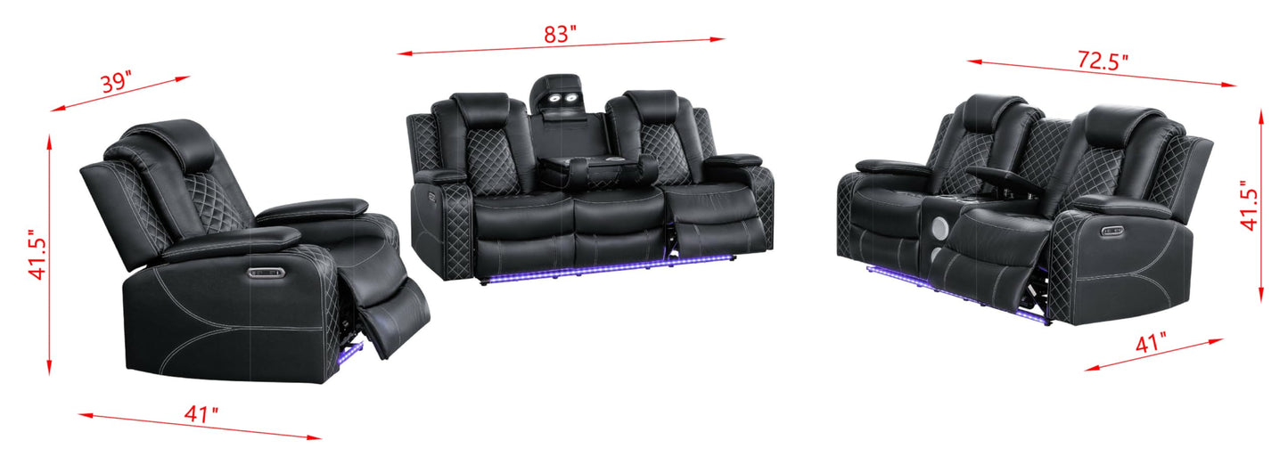 Ball & Cast Power Recliner Sofa Set Leather Reclining Couch Home Theater Seating 3PCS Recliner Couch Loveseat & Chair Sets with Coffee Table,Reading Light,Cup Holders for Home Theater,Living Room
