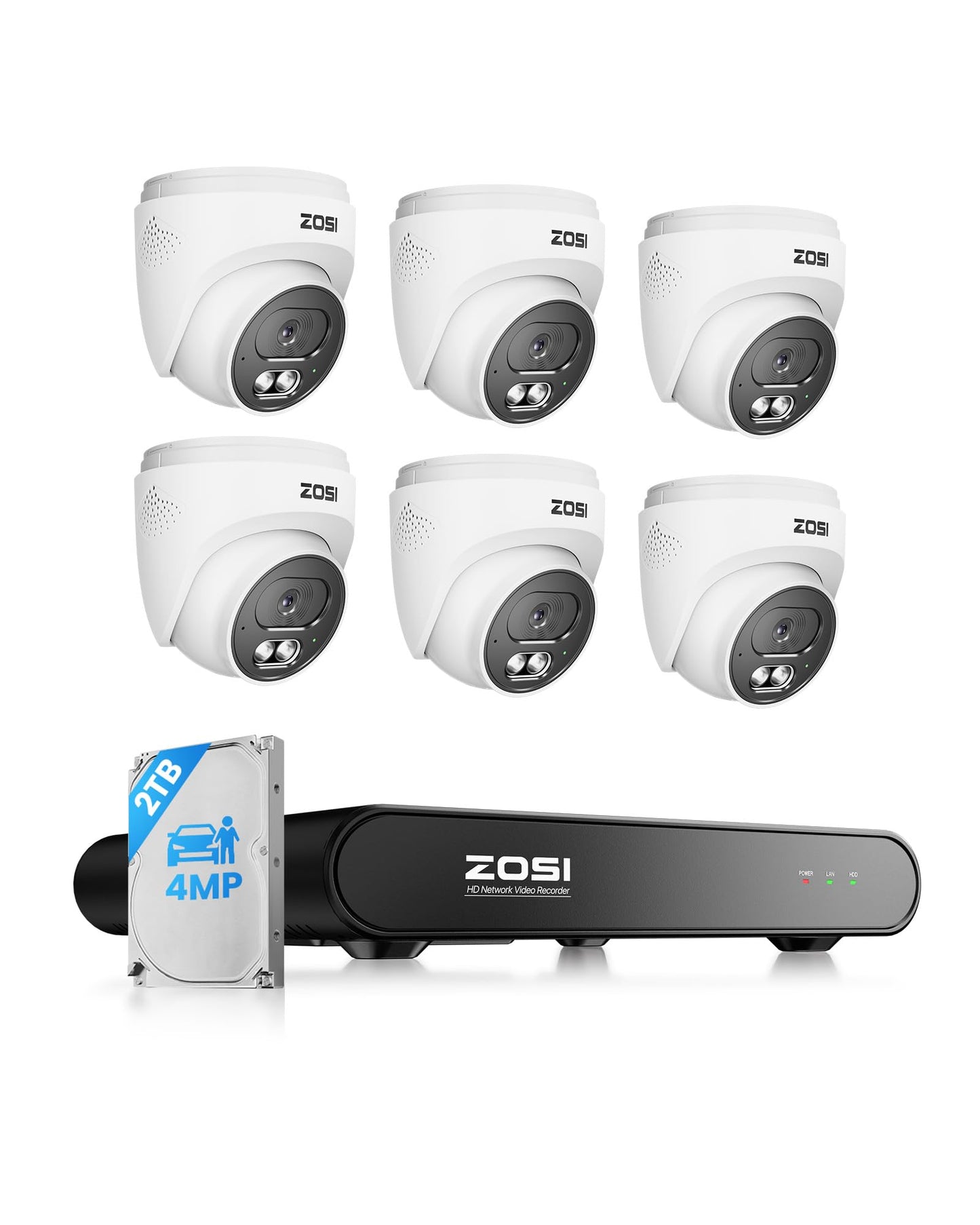 ZOSI C220 8CH 4MP QHD 2.5K PoE Home Security Camera System, 8CH 5MP 3K NVR with 2TB HDD for 24/7 Record, 6 x 4MP(1440p) Dome IP Cameras Outdoor Indoor, Smart AI Human Detection, Two-Way Audio