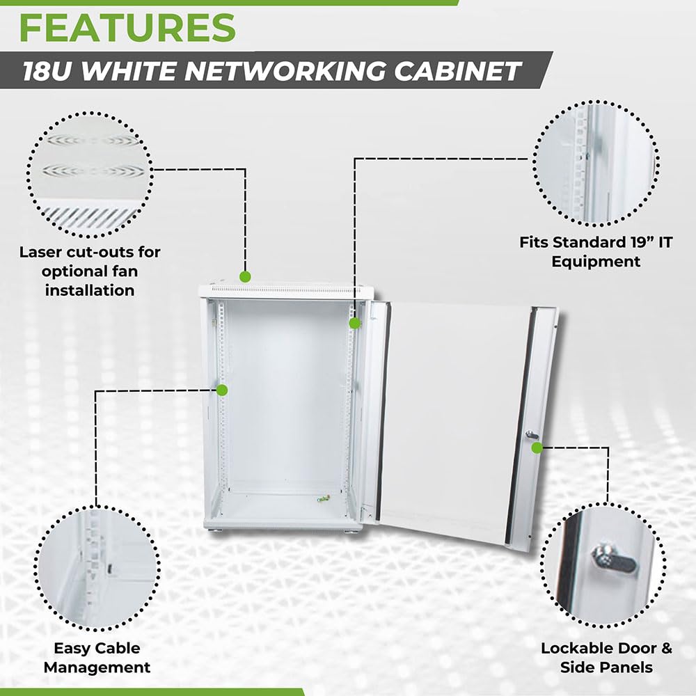 NavePoint 18U Network Cabinet with Glass Door – 18U Wall Mount Server Cabinet White 19” Rack for IT Equipment, AV Devices, Networking Equipment –17” Deep Server Rack Enclosure
