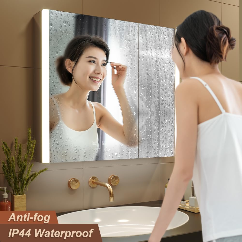 KWW LED Lighted Bathroom Medicine Cabinet with Sockets & USBs, Defogger, Dimmable, 3 Color Light Makeup Mirror, Easy to Install, Wall Mounted Cabinet (2 door-31 * 28)