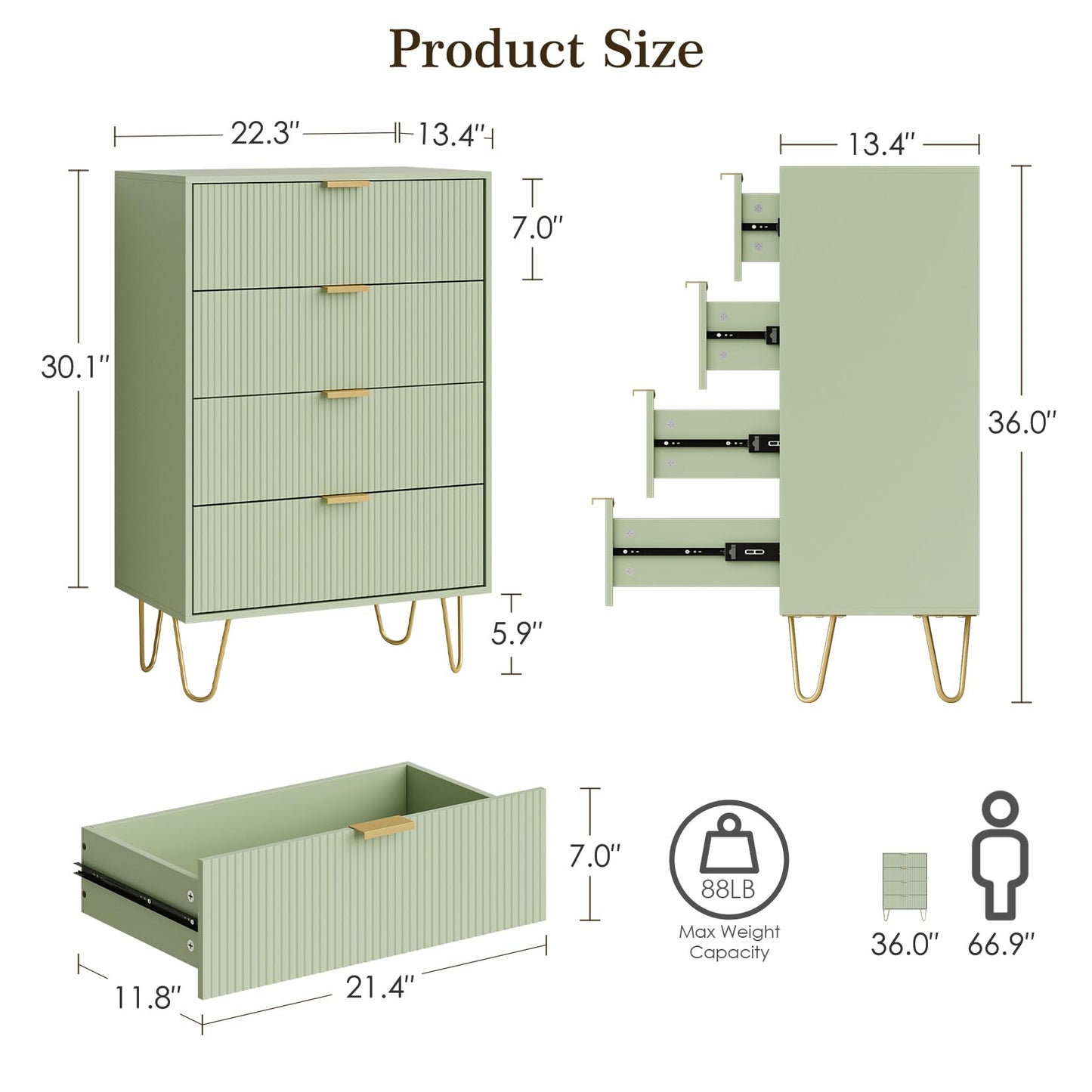 Masupu 4 Drawer Dresser, Drawer Chest, Tall Storage Dresser Chest Cabinet Organizer Unit with Gold Metal Legs, Nightstand for Bedroom, Living Room, Closet, Hallway Green Stripe