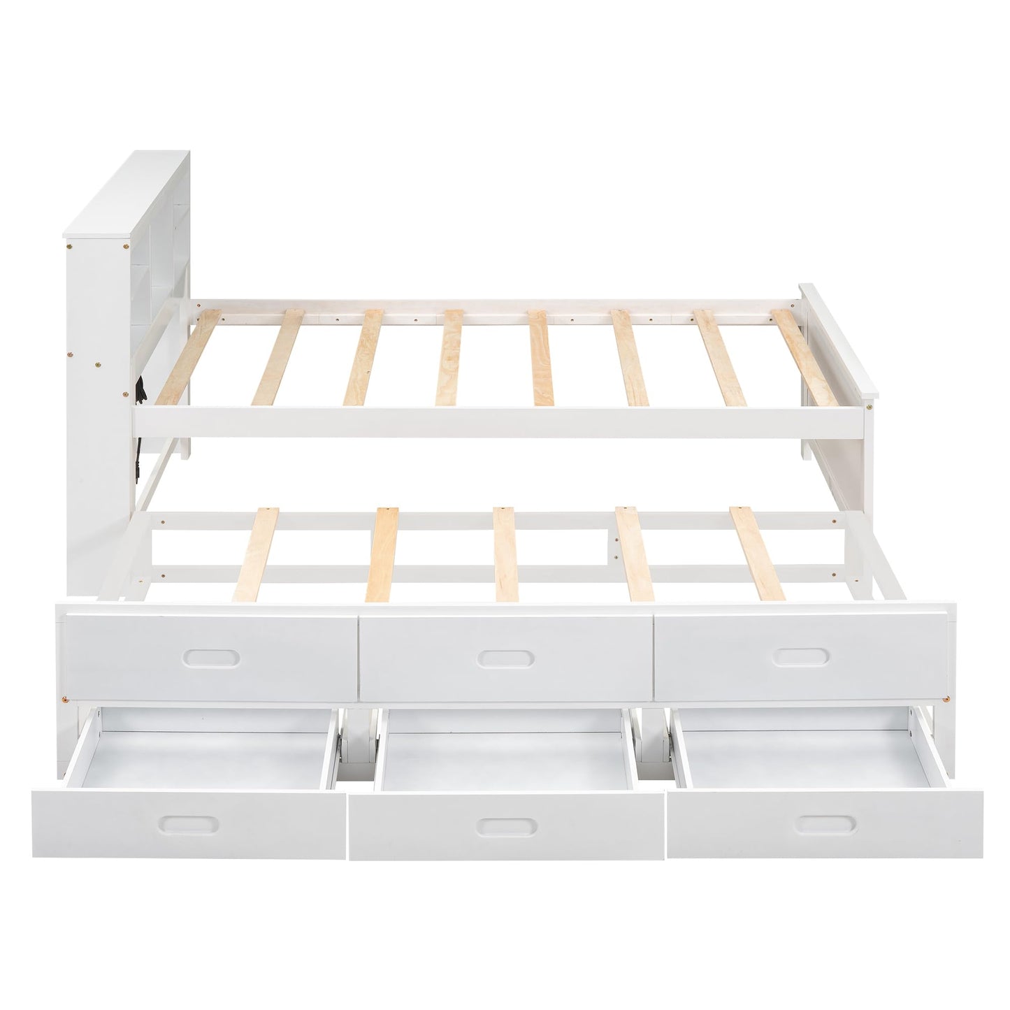 Merax Twin Size Platform Bed with Storage Headboard, USB, Wood Bedframe with Twin Size Trundle and 3 Drawers, White