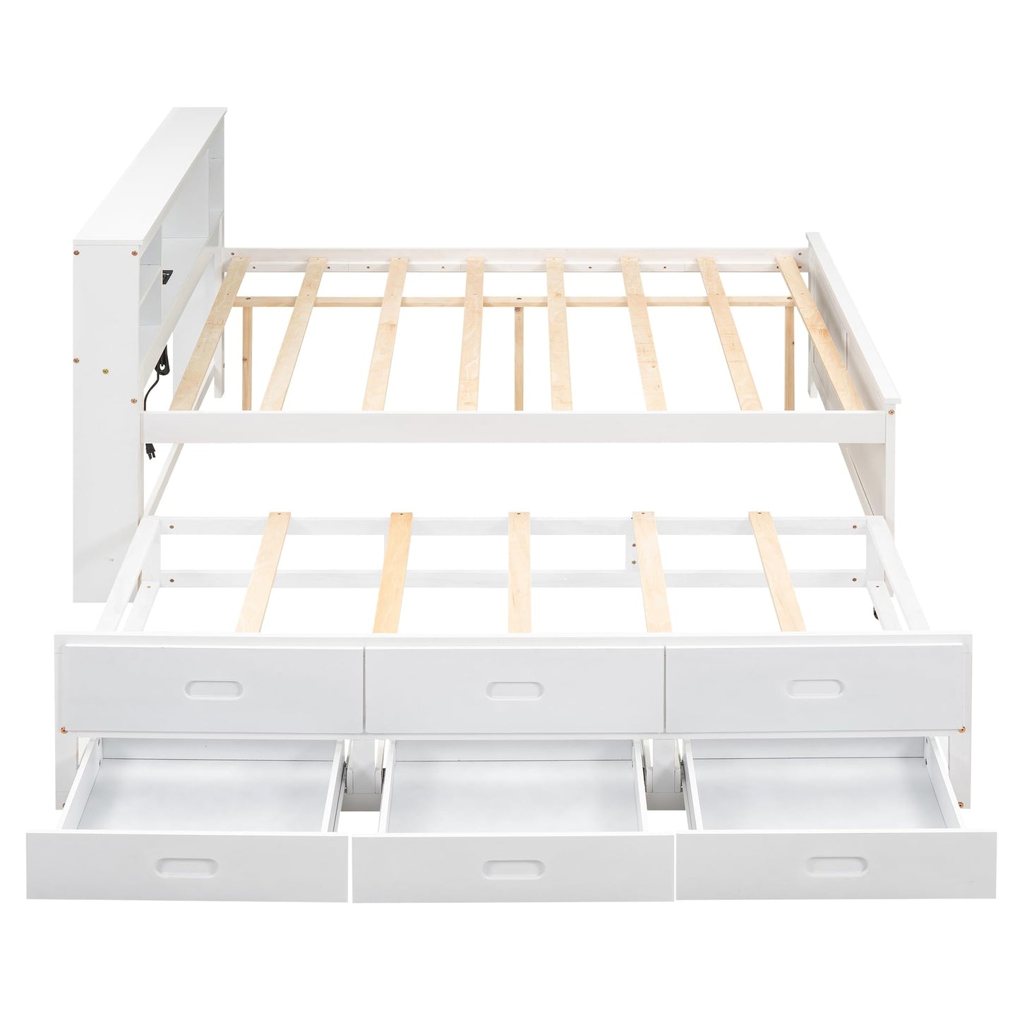 Merax Full Size Platform Bed with Storage Headboard, USB, Wood Bedframe with Twin Size Trundle and 3 Drawers, White
