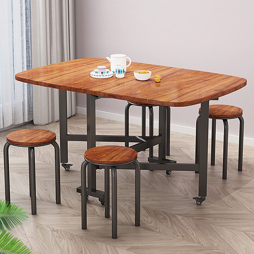 Rukulin Multifunction Table Drop Leaf Dining Table - 47" Wooden Foldable Kitchen Table with 6 Wheels (Brown)