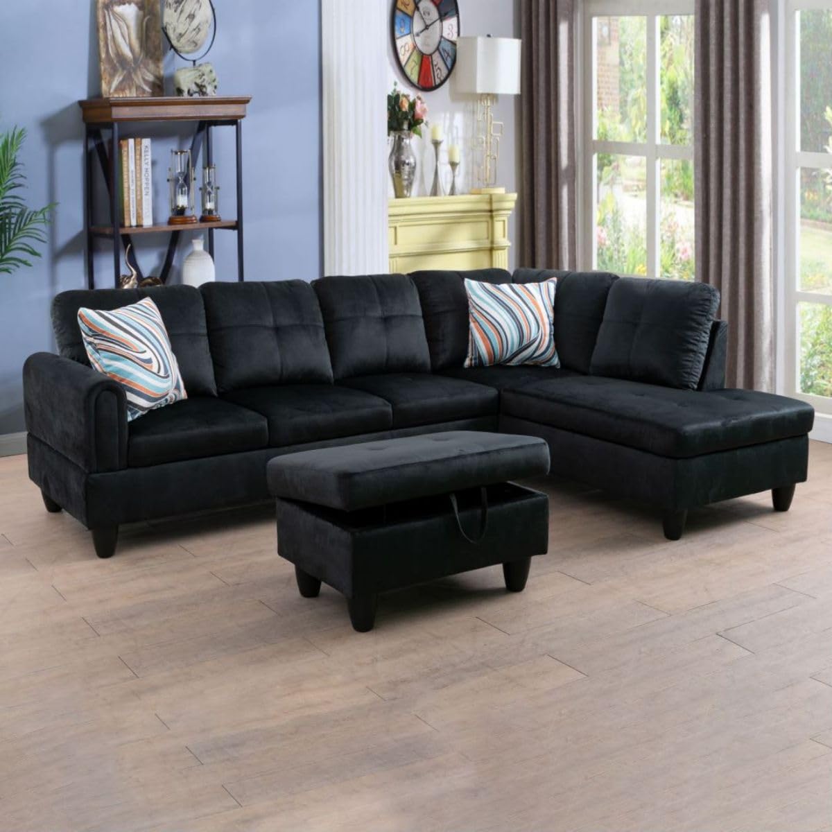 UOCFYK Black L-Shaped 3-Piece Flannel Sofa with Storage Ottoman Set, Sectional Couch Sofa Set for Living Room, Office, Small Space