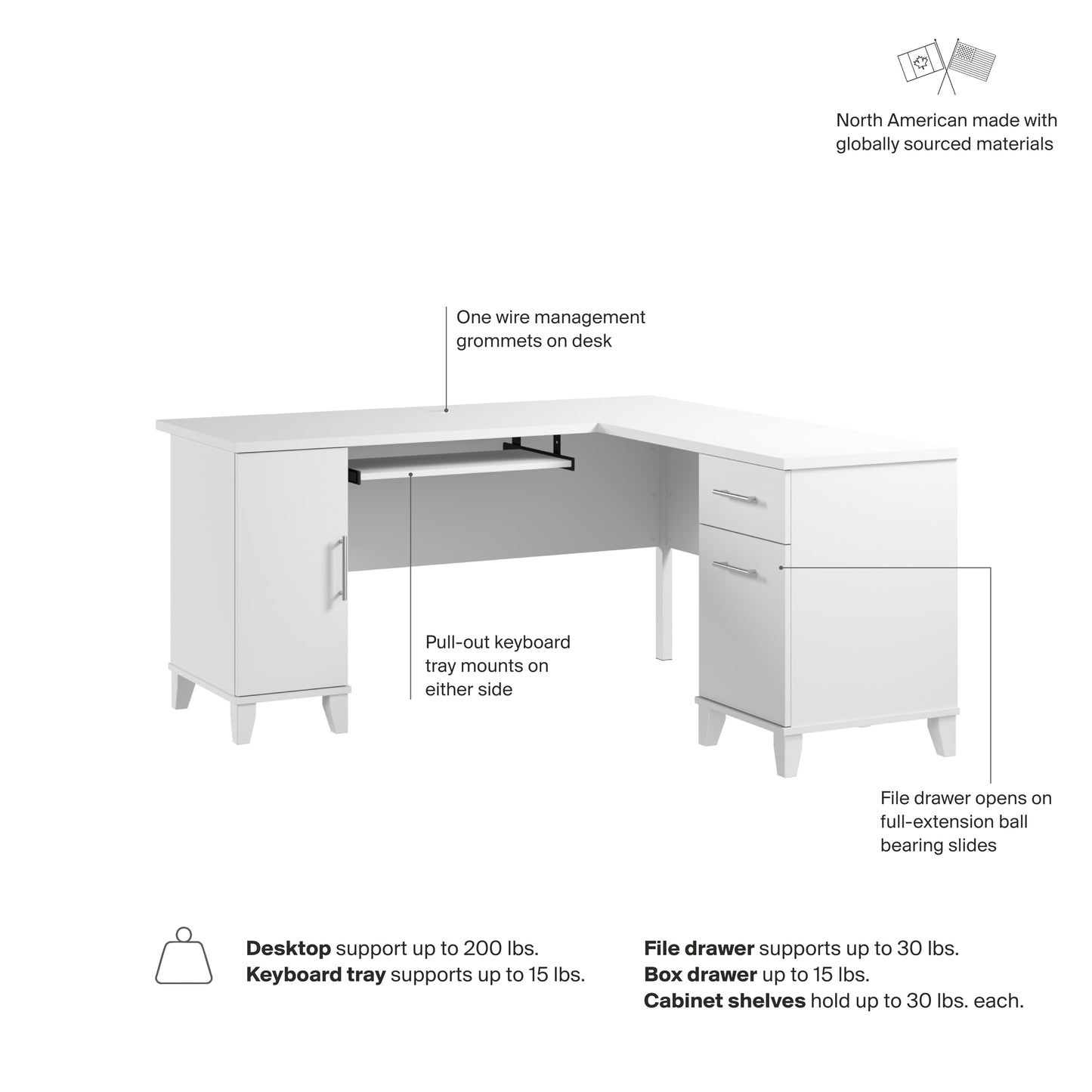 Bush Home 60-Inch L-Shaped Desk with Storage, Corner Computer Office Desk with Drawers and Storage Cabinet, Home Office Furniture, Somerset Collection, White