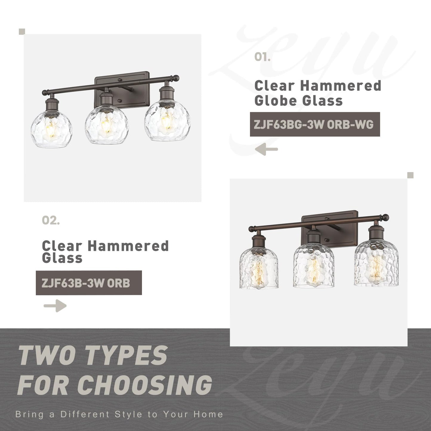 zeyu 3-Light Vanity Lighting - Oil Rubbed Bronze Finish, Clear Hammered Globe Glass, Model ZJF63BG-3W ORB-WG