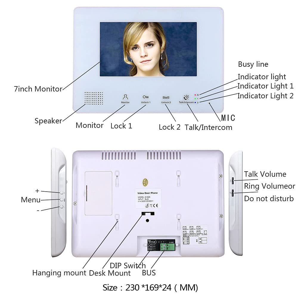 6-Unit Home Apartment Visual Intercom Doorbell System,7" LCD Screen Bus 2pin Wired Video Door Phone Kit,for Home Night Vision+ Cathode Lock(1 Doorbell+6 Monitor)