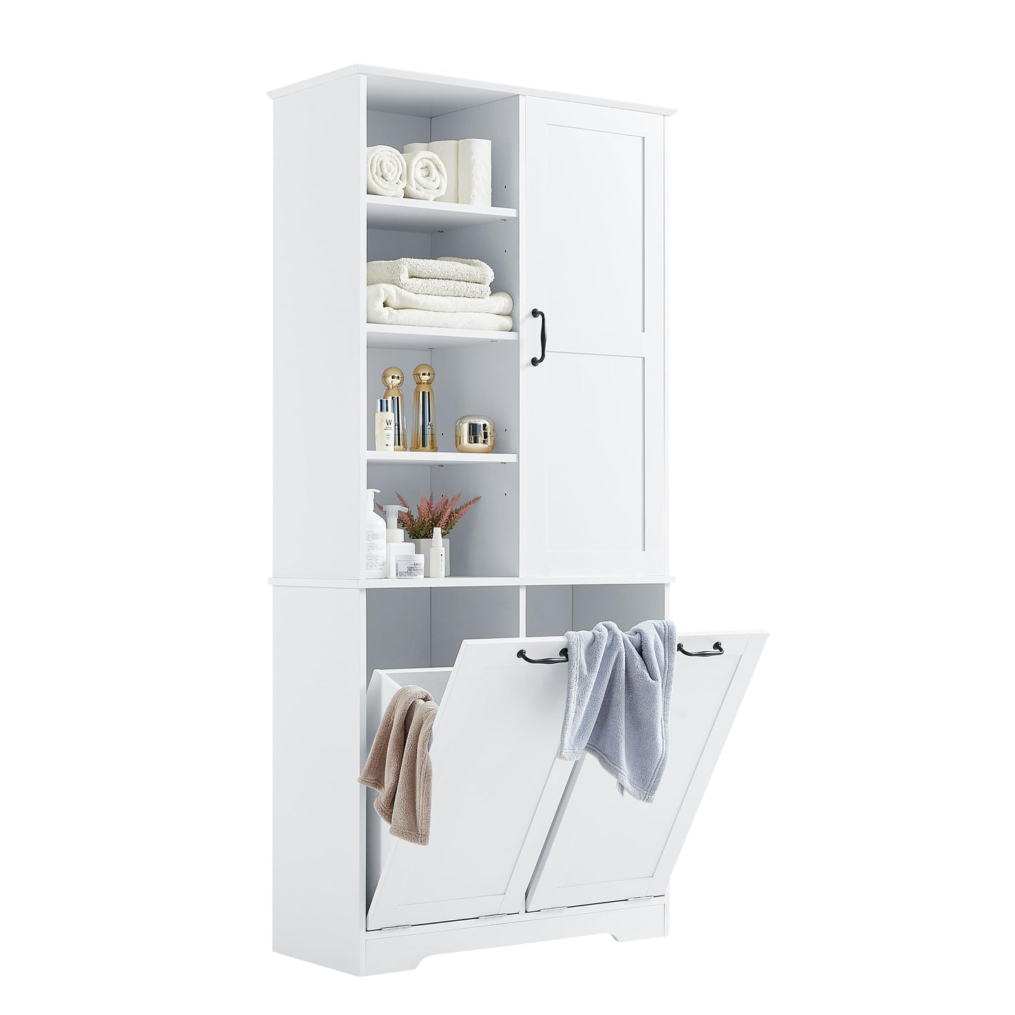 Merax Cabinet with Tilt-Out Laundry Hamper Basket, Tall Bathroom Storage Organizer Linen with Open Shelf for Home, Freestanding, White