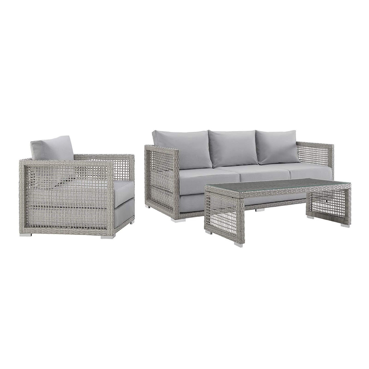 Modway Aura Outdoor Patio Wicker Rattan Sofa, Armchair and Coffee Table in Gray Gray