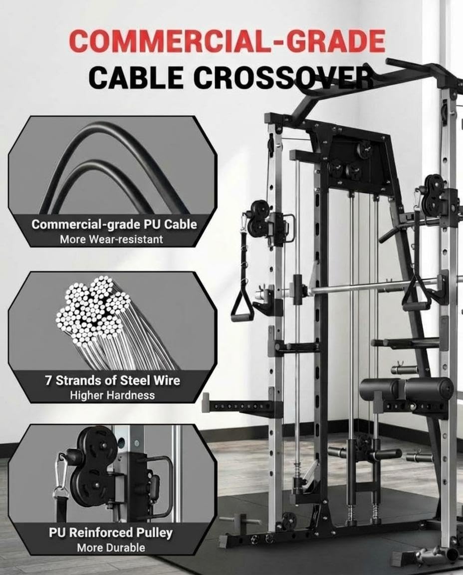 Smith Machine Home Gym, 2200LB Power Cage with Dual Pulley Cable Systems, LAT Pull-Down, Leg Hold-Down & 20+ Attachments for Full Body Workouts, Red