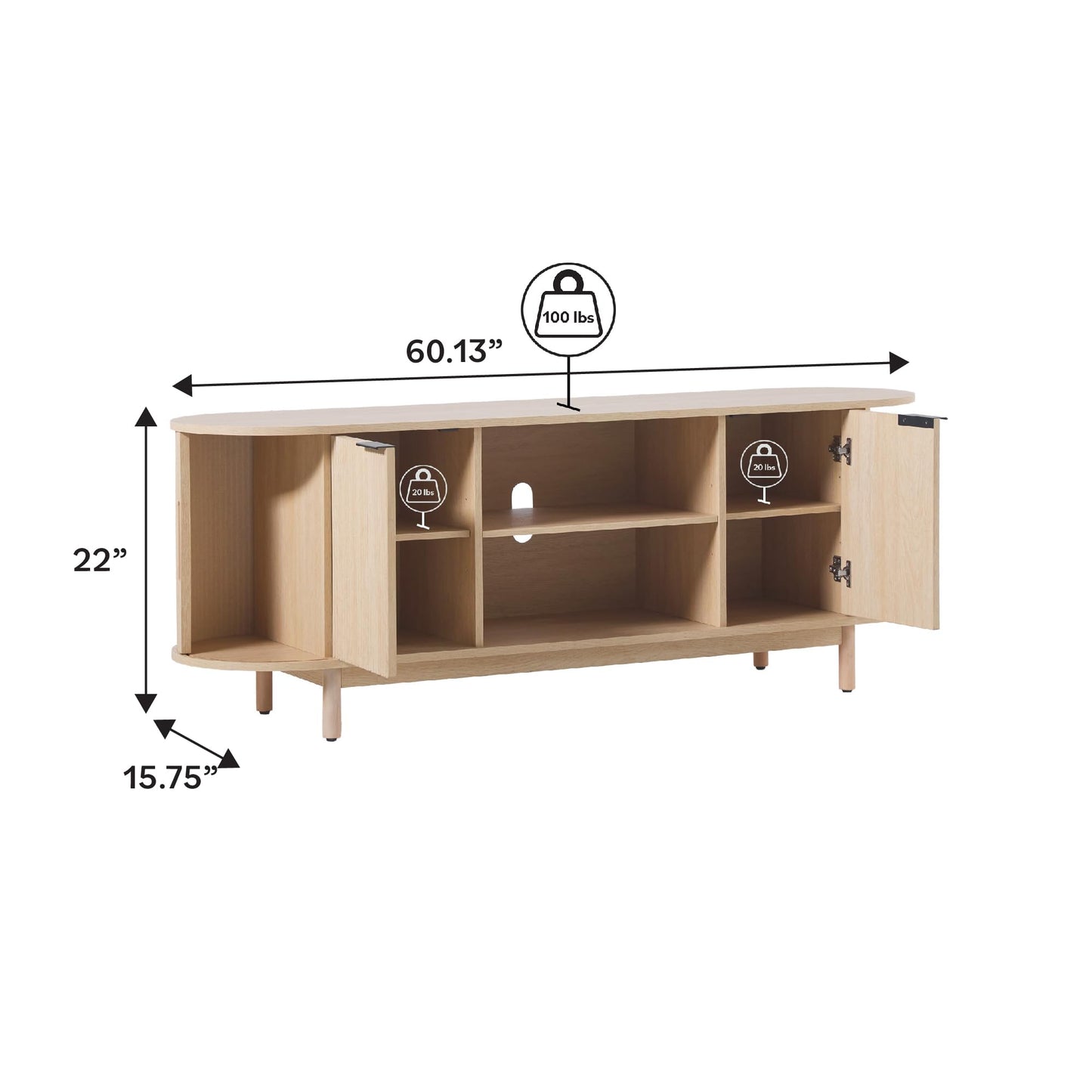 Walker Edison Modern Curved Reeded TV Stand for TVs up to 70 Inches, Credenza with Sliding Doors and Adjustable Shelves, TV Stand with Cord Management Cutout, 60 Inch, Coastal Oak