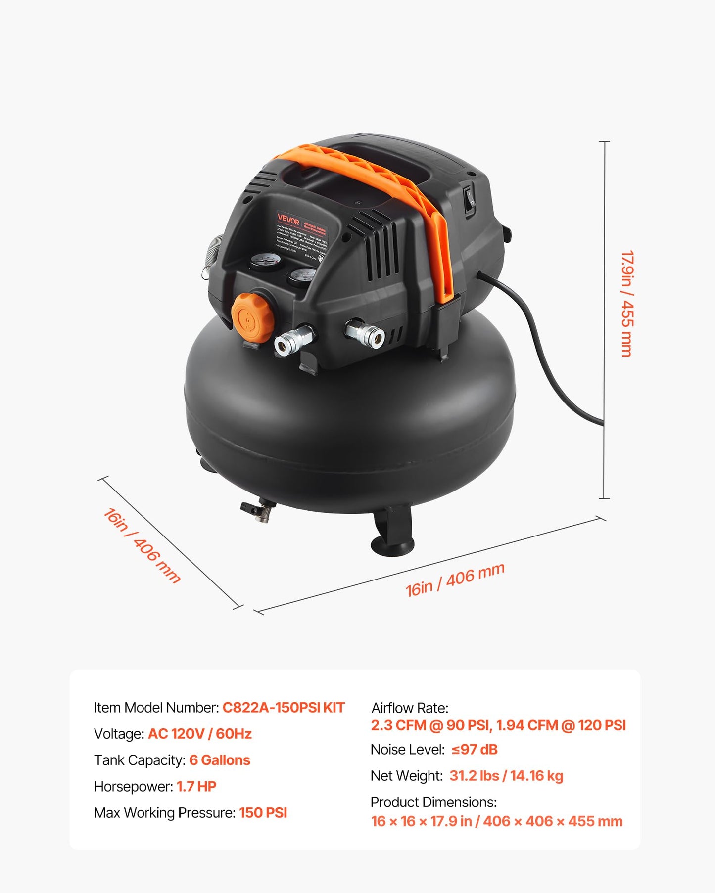VEVOR 6 Gallon Air Compressor, 1.7HP 2.3CFM@90PSI Portable Pancake Air Compressor & 150PSI Max Pressure, 12-Piece Accessory Kit with 25FT Air Hose for Tire Inflation, Spray Painting, Woodwork Nailing