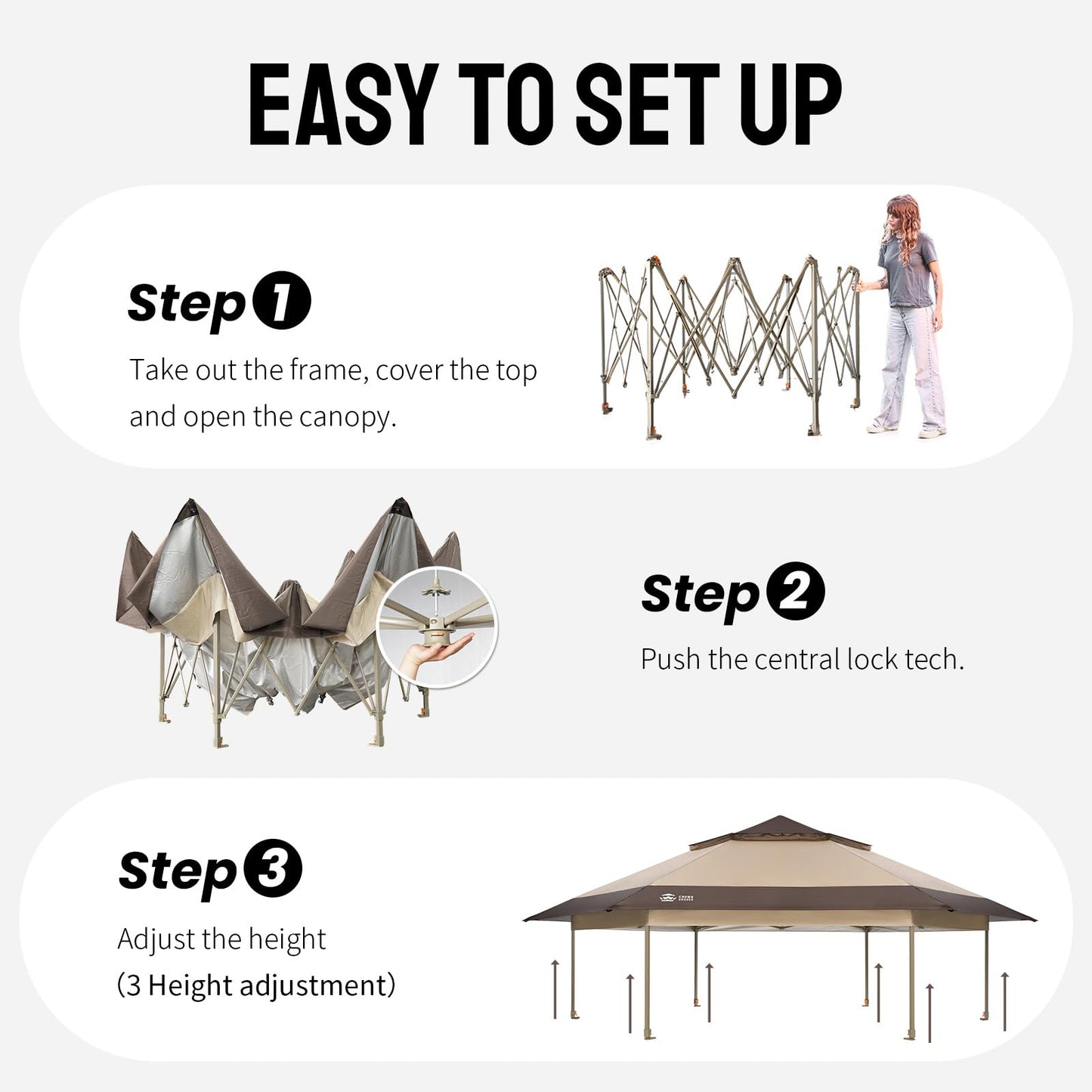 CROWN SHADES 13x13 Pop Up Gazebo with Mosquito Nettings, Patented CENTERLOK 6-Sided Portable Gazebo, 300D Silver-Coated Fabric UV Resistant, Pop Up Canopy Tent for Patio, Party, Beige&Coffee