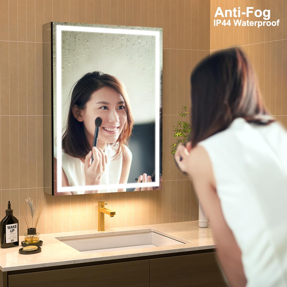 GANPE LED Lighted Bathroom Medicine Mirror Cabinet with Sockets & USBs, Anti-Fog Dimmable Light and Color Adjustment, Easy to Install Aluminum Cabinet (20 * 28 Right Hinge)