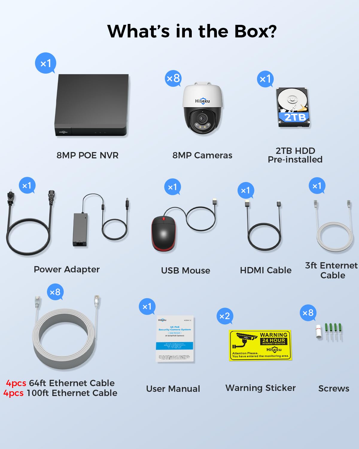 [4K+360° View] Hiseeu 4K PoE Security Camera System, 8Pcs 8MP PoE PTZ Wired Camera Outdoor, Human Vehicle Detect, 2-Way Audio, Color Night Vision, 16CH Expandable, 2TB HDD for 24/7 Home Surveillance