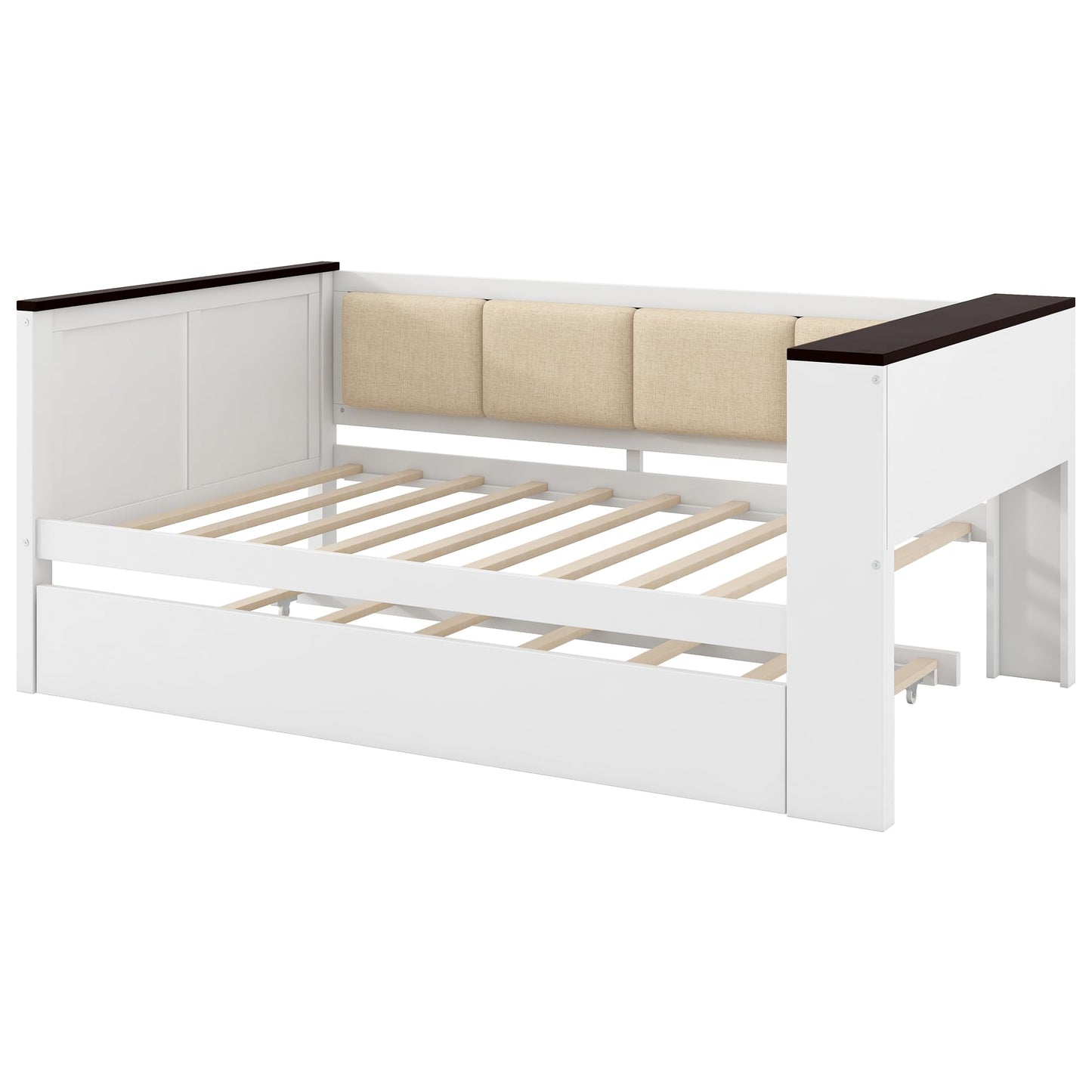 Merax Twin Size Wood Daybed with Storage Shelves, Platform Bed Frame Upholstered Backrest, USB and Trundle, Easy Assembly, White