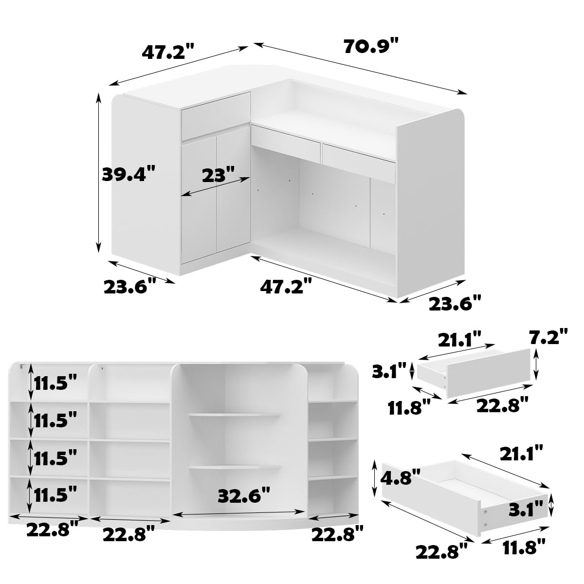 AIEGLE Reception Desk with Counter, 70.9" W Modern Retail Checkout Counter w/Drawers & Open Shelves, L-Shaped White Front Desk Reception Table with Storage Cabinet for Salon, Lobby, Office