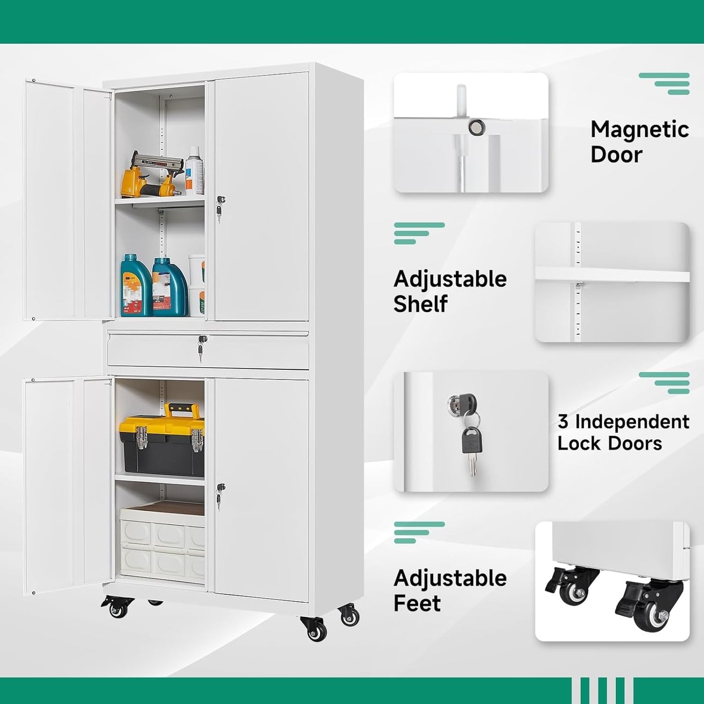 Letaya Metal Garage Storage Cabinet with Wheels,72“ Rolling Tool Cabinet with 4 Door Lock-Adjustable Shelves and Drawer for Garage Home Office Utility Room (White with Wheels)
