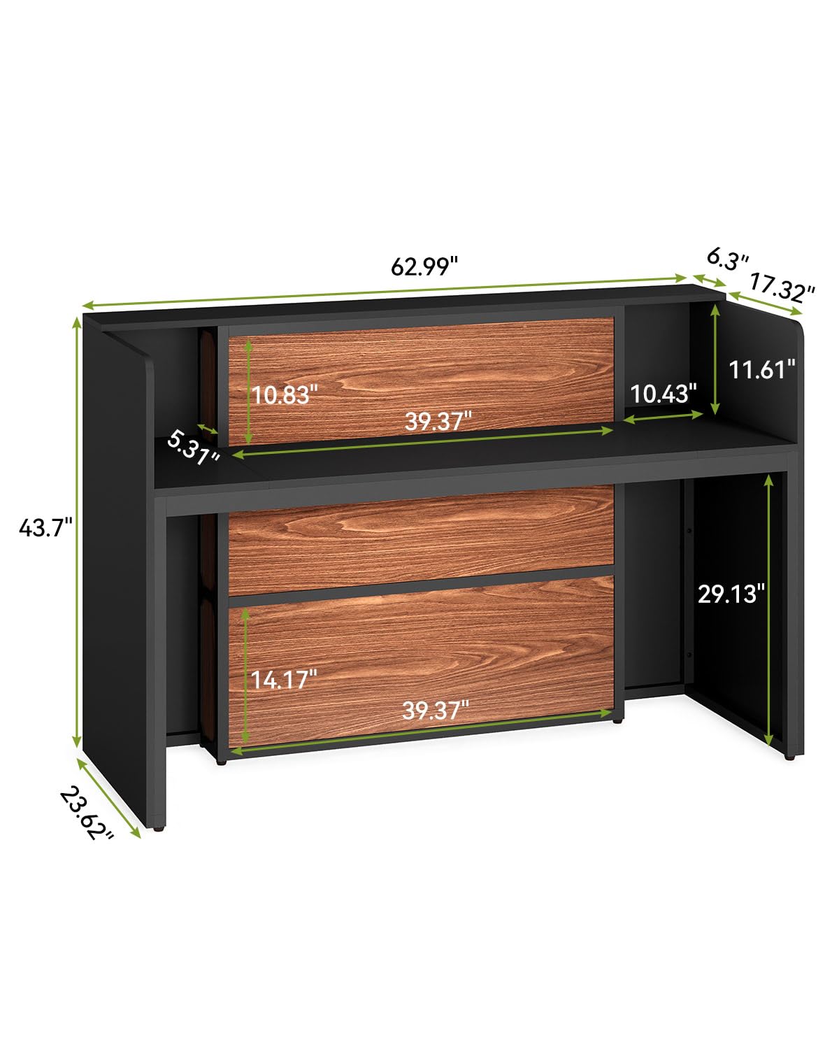 LITTLE TREE 63 Inches Reception Desk, Modern Reception Table with LED Light, Front Counter Desk, Wooden Checkout Counter for Lobbies, Salons, Retail, Home Offices, Reception Room, Black & Brown