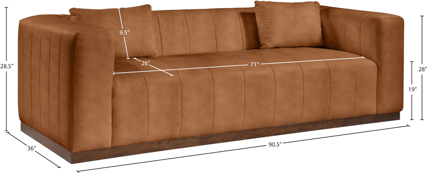 Meridian Furniture 44098Cognac-S Mallina Collection Modern | Contemporary Sofa with Soft Cognac Vegan Leather, Walnut Finish Solid Wood Base, Deep Channel Tufting, 90.5" W x 36" D x 28.5" H, Cognac