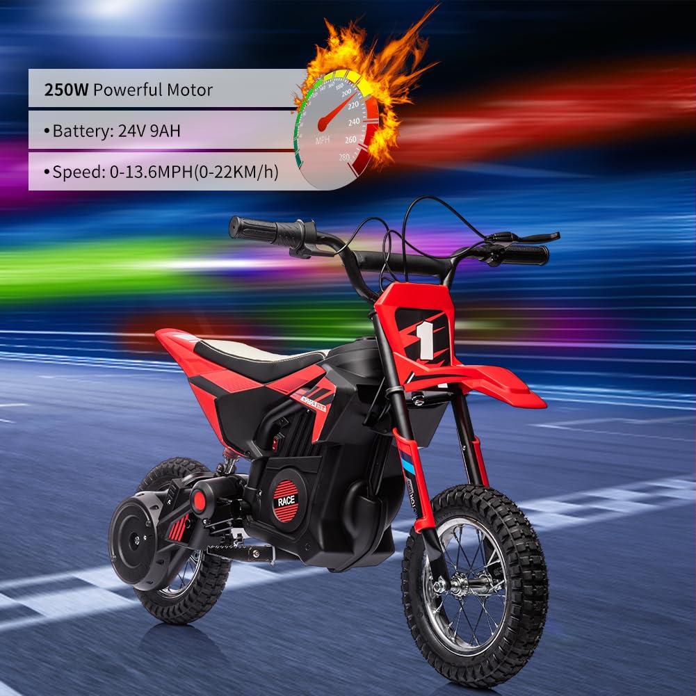 Garvee 24V Kids Electric Off-Road Motorcycle, Ride on 250W Motor 13.6MPH Fast Speed Dirt Bike, Leather Seat, Twist Grip Throttle, Metal Suspension, Air-Filled Tires for Kids Teens Riding Toy, Red