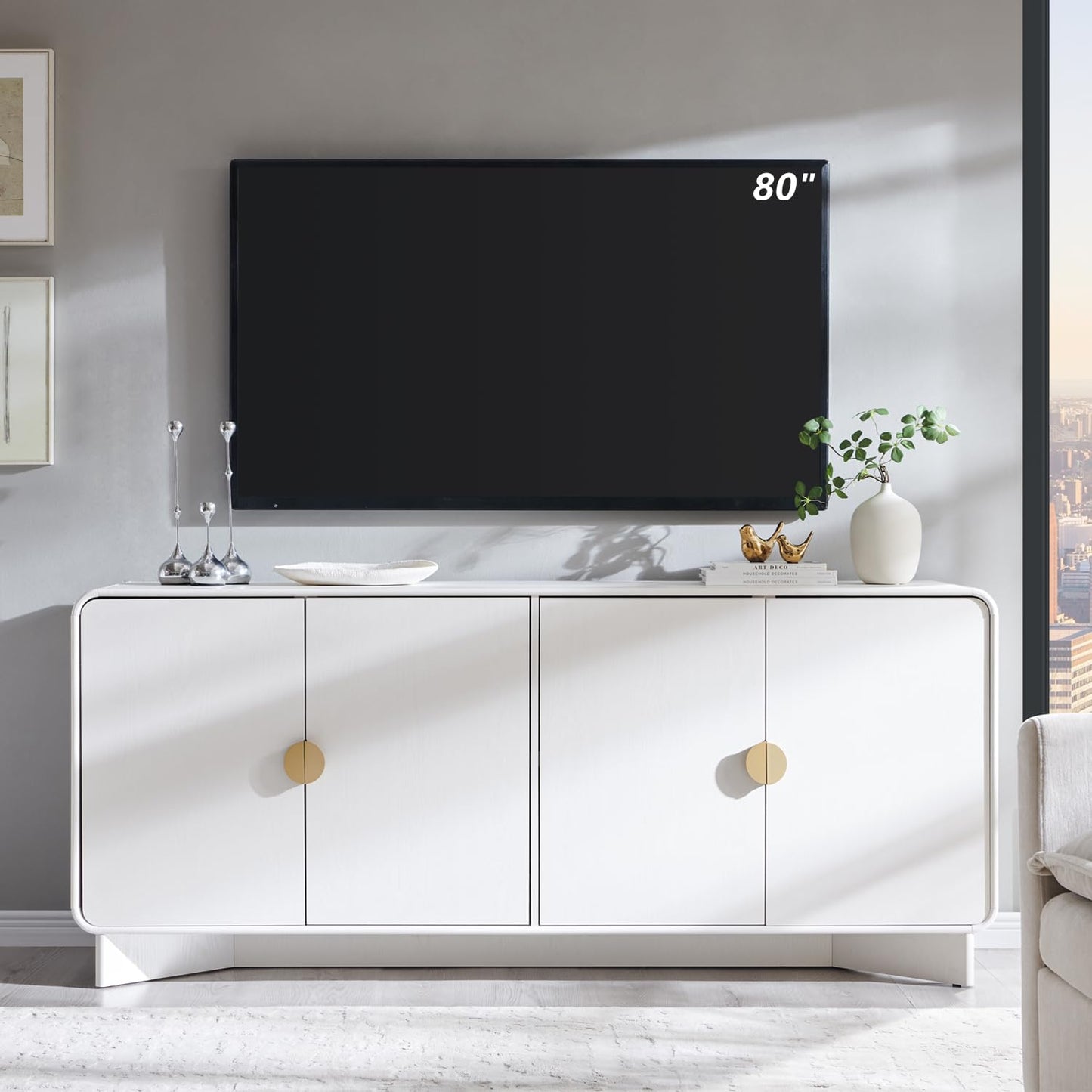 IFGET 70" Modern TV Stand for TVs Up to 80 inches, 30" Tall Entertainment Center with Storage and Adjustable Shelves, TV Console with Curved Profile Design, Media Console for Living Room, White
