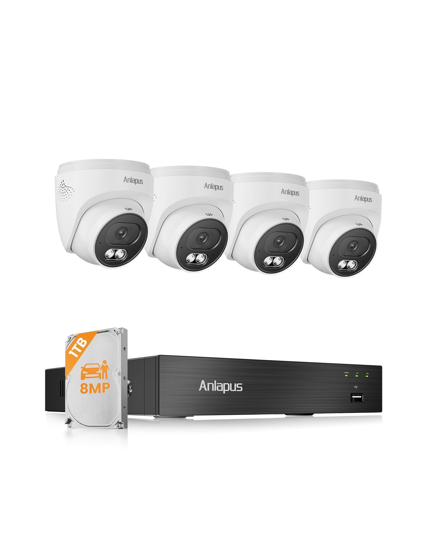 Anlapus 4K Security Camera System with AI Human/Vehicle Detection, 4Pcs 8MP Wired Indoor Outdoor CCTV Cameras, Night Vision, 8CH Home Surveillance DVR with 1TB HDD for 24/7 Video & Audio Recording