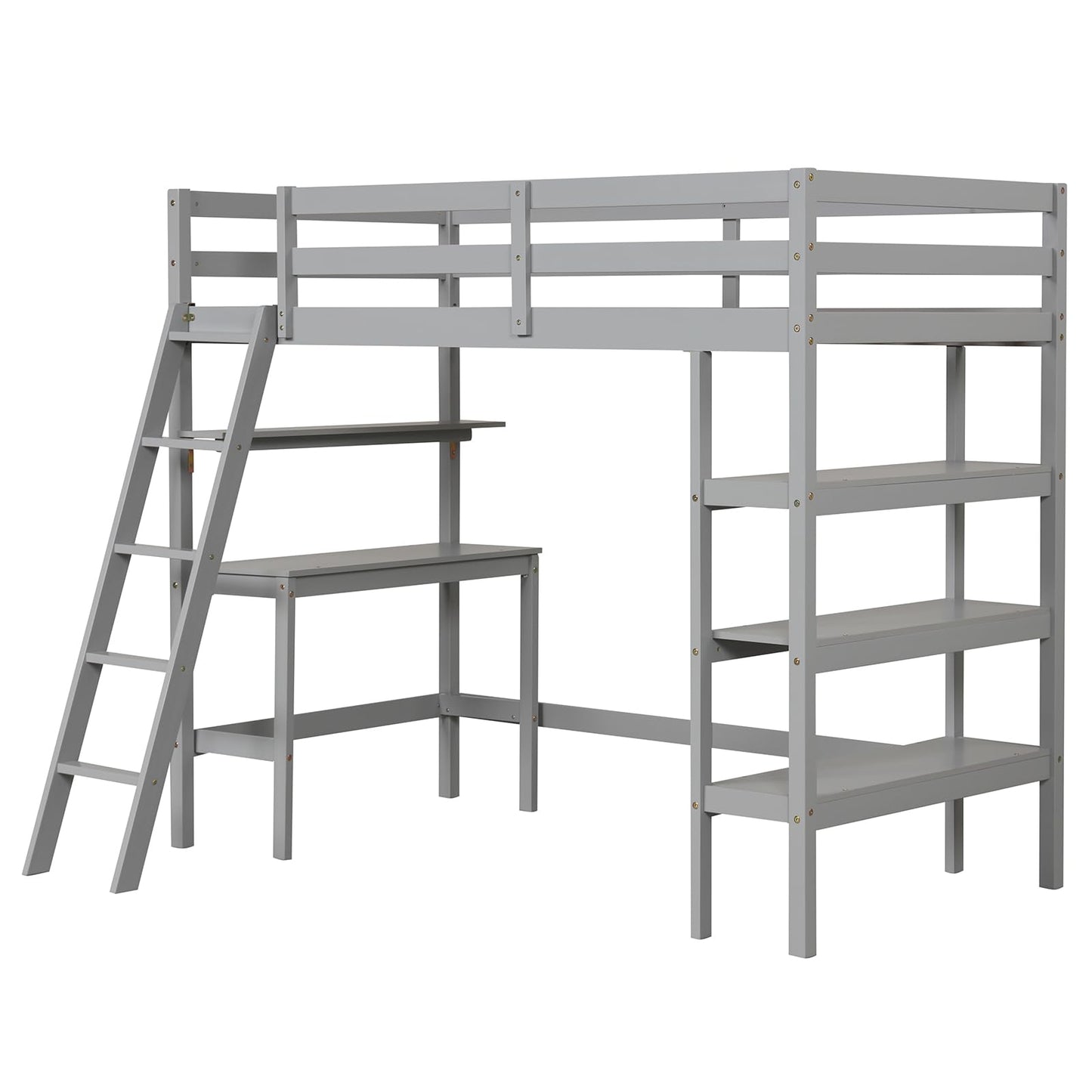 KOTEK Twin Loft Bed with Desk & Storage Shelves, Solid Wood Loft Bed Frame with Bookcase, Ladder, Guardrails, Twin Size Loft Bed for Kids, Teens, Drom, Apartment (Grey)