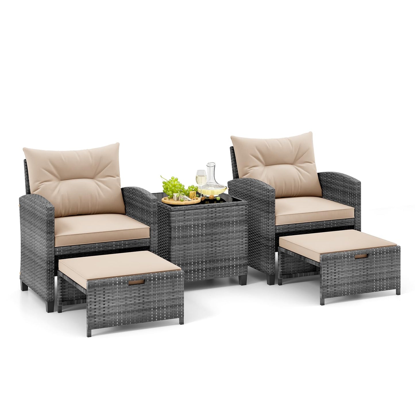 Tangkula 5 Pieces Patio Conversation Set, PE Wicker Rattan Outdoor Furniture Set with 2 Chairs, 2 Ottomans & Tempered Glass Coffee Table, Ideal for Poolside, Backyard, Lawn, Deck, Mix Grey & Beige