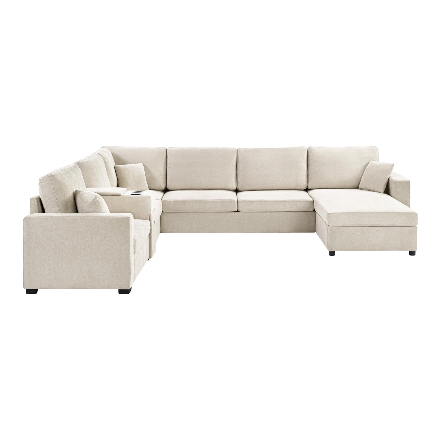 Merax Modern 134" U-Shaped Modular Sectional Sofa Couch with Cup Holders & Storage Drawers, Chenille 5-Seat Large Sectional Family Sofa with Chaise Lounge & Pillows for Living Room, Beige