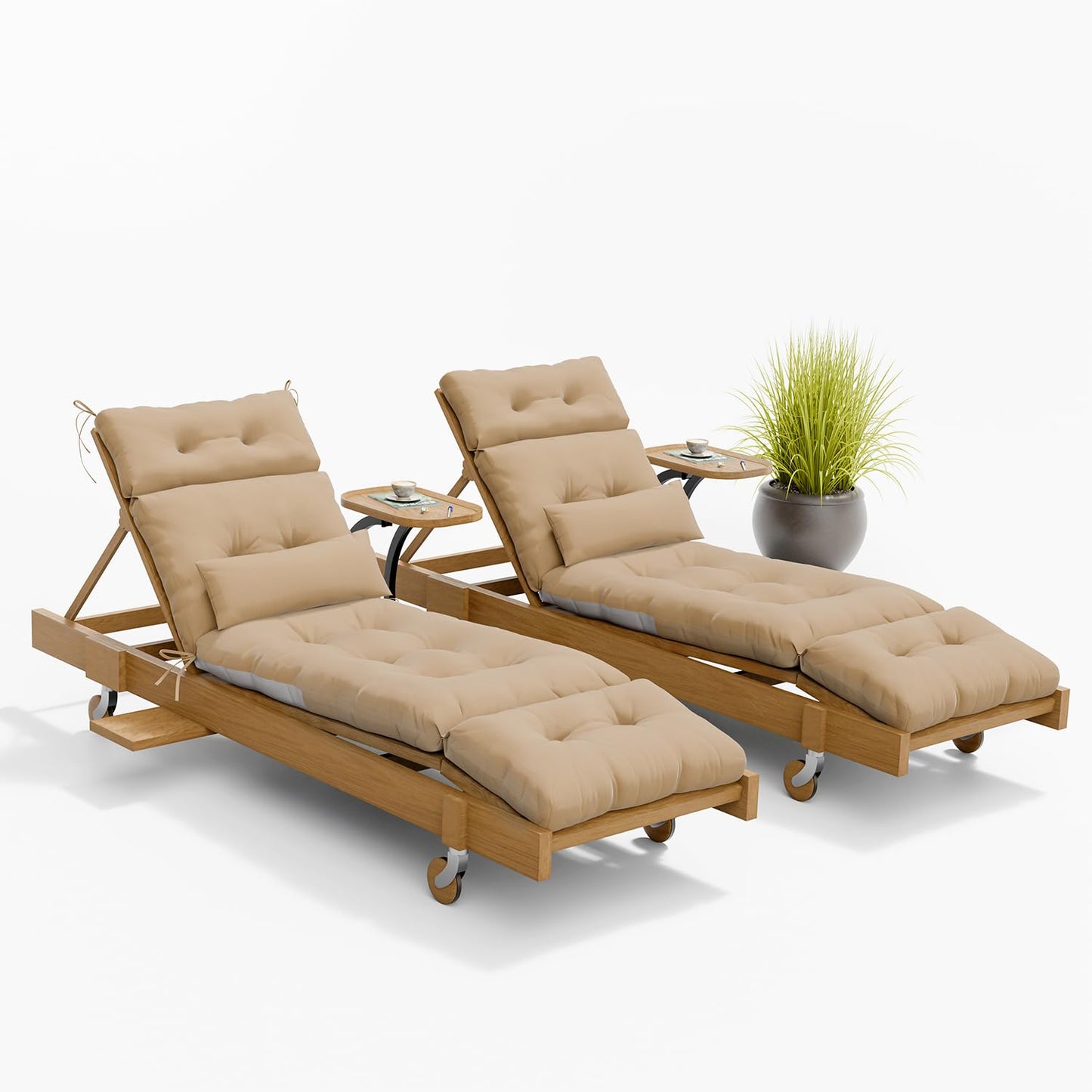Outdoor Lounge Chair Cushions Set of 2 with Pillow, Olefin Waterproof and Fade Resistant Patio Pool Chaise Lounge Cushions Replacement for Indoor Furniture with Ties, 81 x 27 x 4.5 Inches, Beige