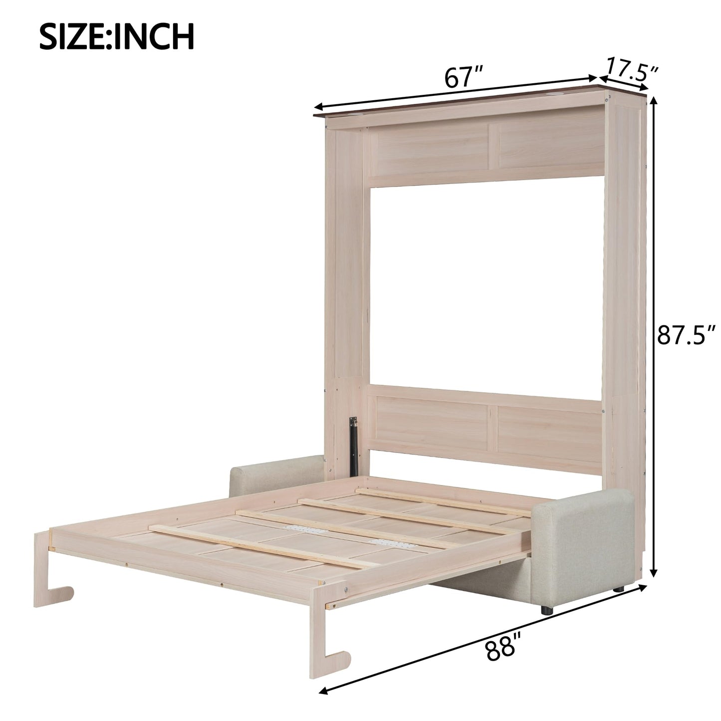 Queen Murphy Bed with Couch and LED Lighting,Solid Wood Folding Murphy Wall Bed Cabinet with Sofa