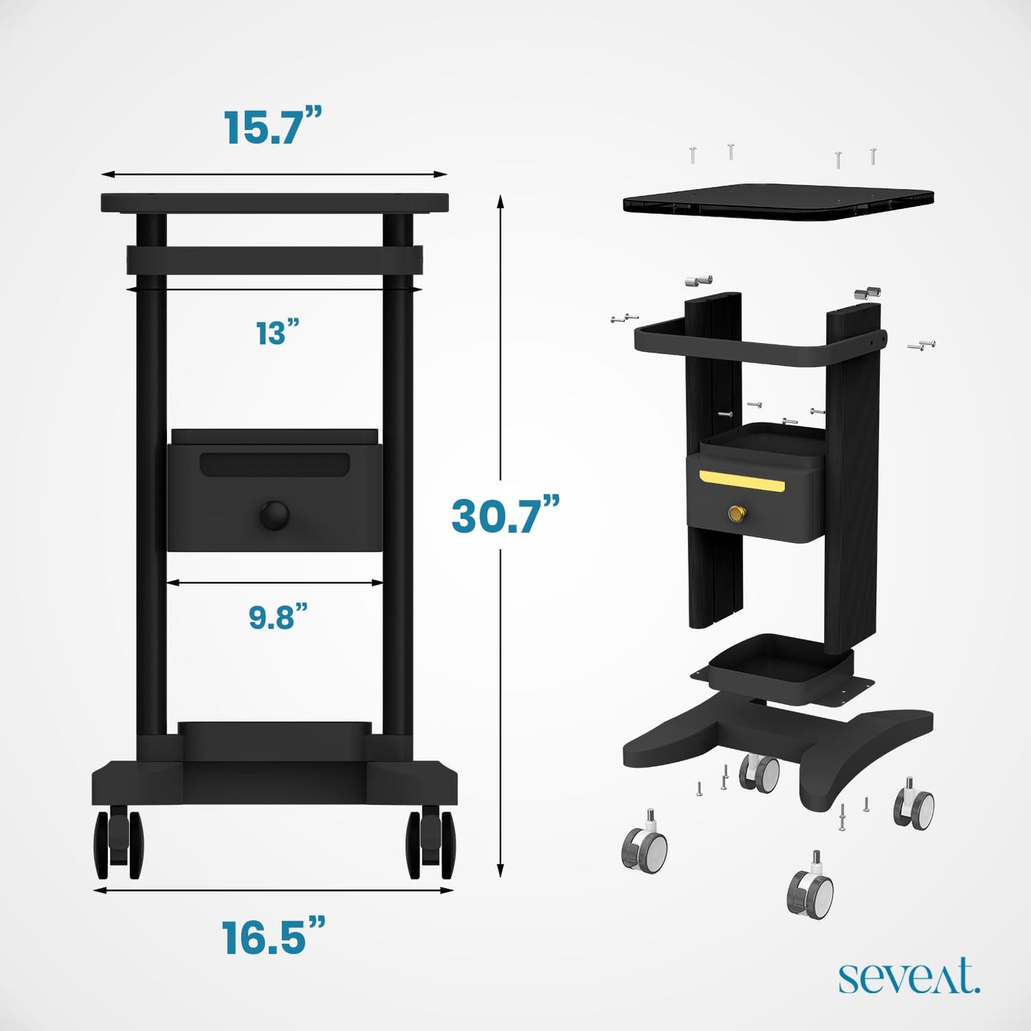 Seveat Professional Medical Cart | 3-Tier Rolling Trolley with Drawers | 198 lbs Capacity | Portable Utility Cart for Hospitals, Clinics, Spa, Office, or Home (Black)