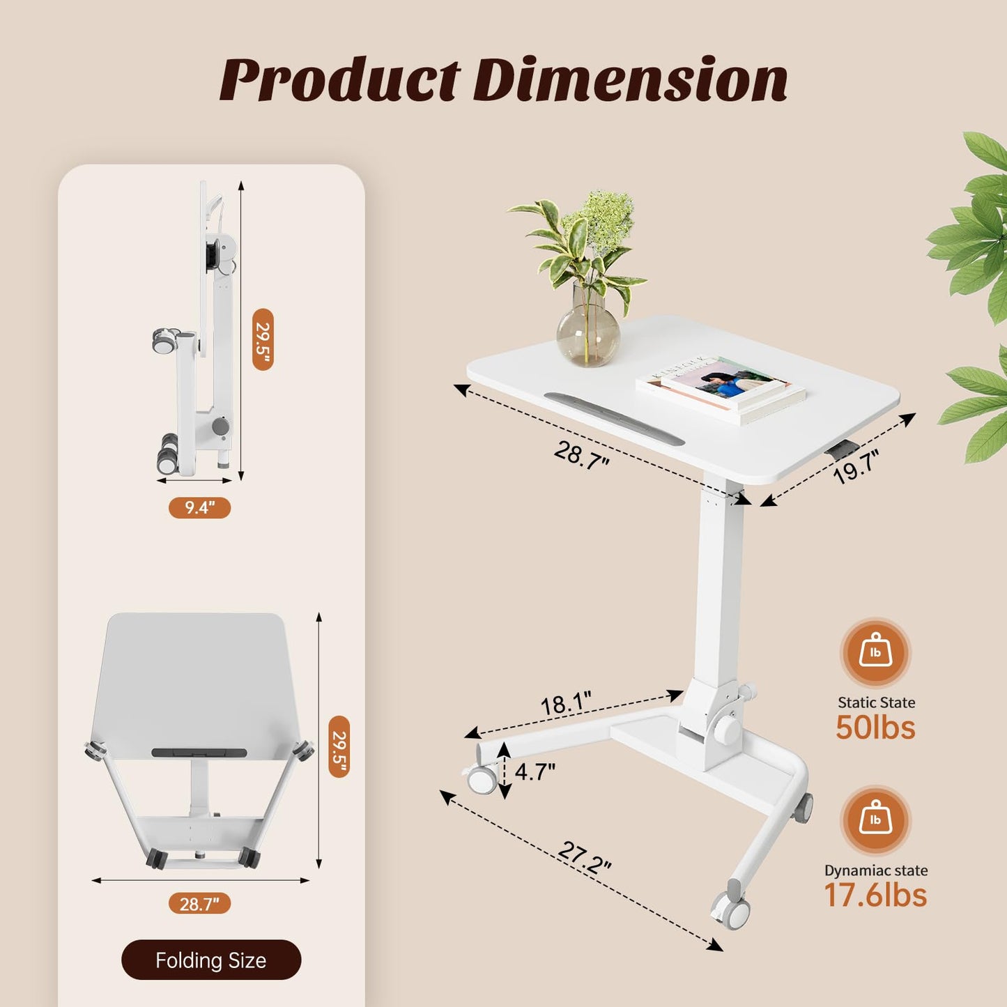 JYLH JOYSEEKER Foldable Mobile Standing Desk, 90 Tiltable Rolling Standing Desk, Height Adjustable Portable Laptop Workstation for Home Office, Easy to Fold, White