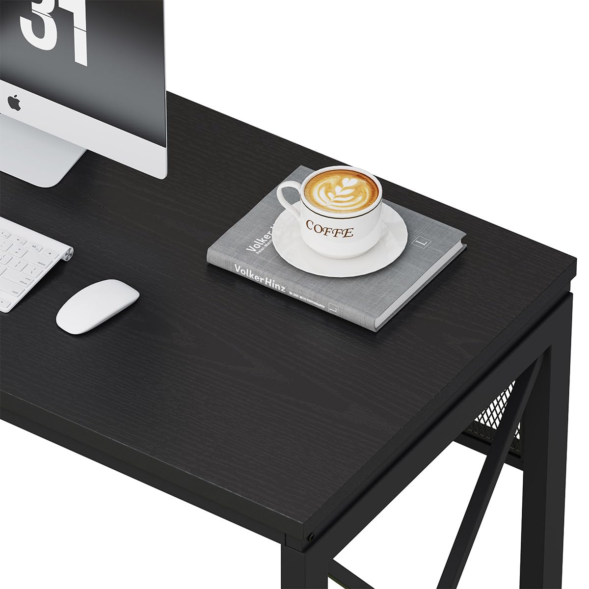BON AUGURE Black Computer Desk, Modern Gaming Desk, Industrial Wood Office Desks, Sturdy Writing Desks for Home Office, Living Room, Study Workstation, Bedroom (Black, 54 Inch)