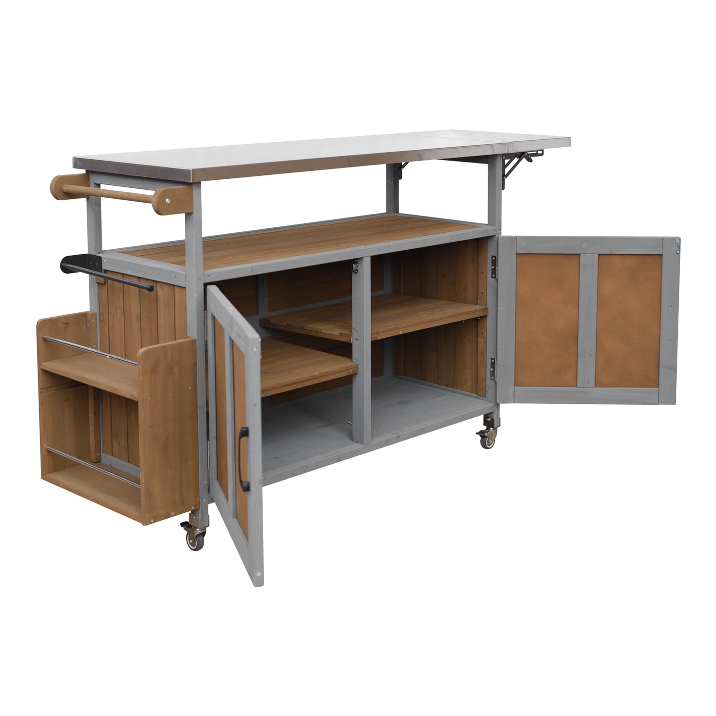 Outdoor Kitchen Island Cart with Foldable Stainless Steel Top, Rolling Grill Table with Adjustable Shelf Storage Spice Rack & Towel Holder, Wooden BBQ Prep Station with Lockable Wheels, Espresso Grey