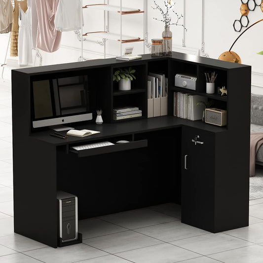 AGOTENI Reception Desk Reception Stations with Open Shelf & Drawers, L Shape Reception Table Wooden Computer Desk for Office Reception Room, Black