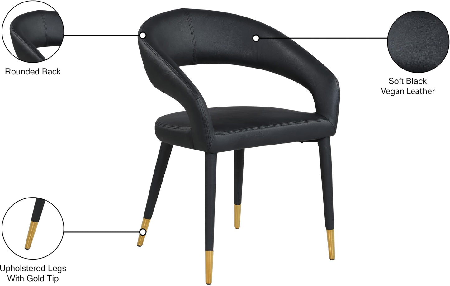 Meridian Furniture 538Black-C Destiny Collection Modern | Contemporary Vegan Leather Upholstered Rounded Back Dining Chair, Black, 23" W x 23" D x 31.5" H