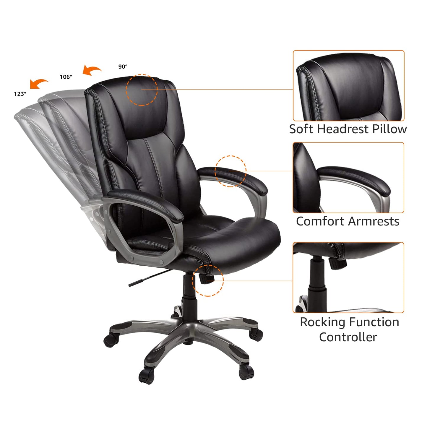 Amazon Basics Executive High Back Office Chair, Adjustable Height, Tilt, Swivel, Padded Seat, Bonded Leather, Wheels, Black/Silver
