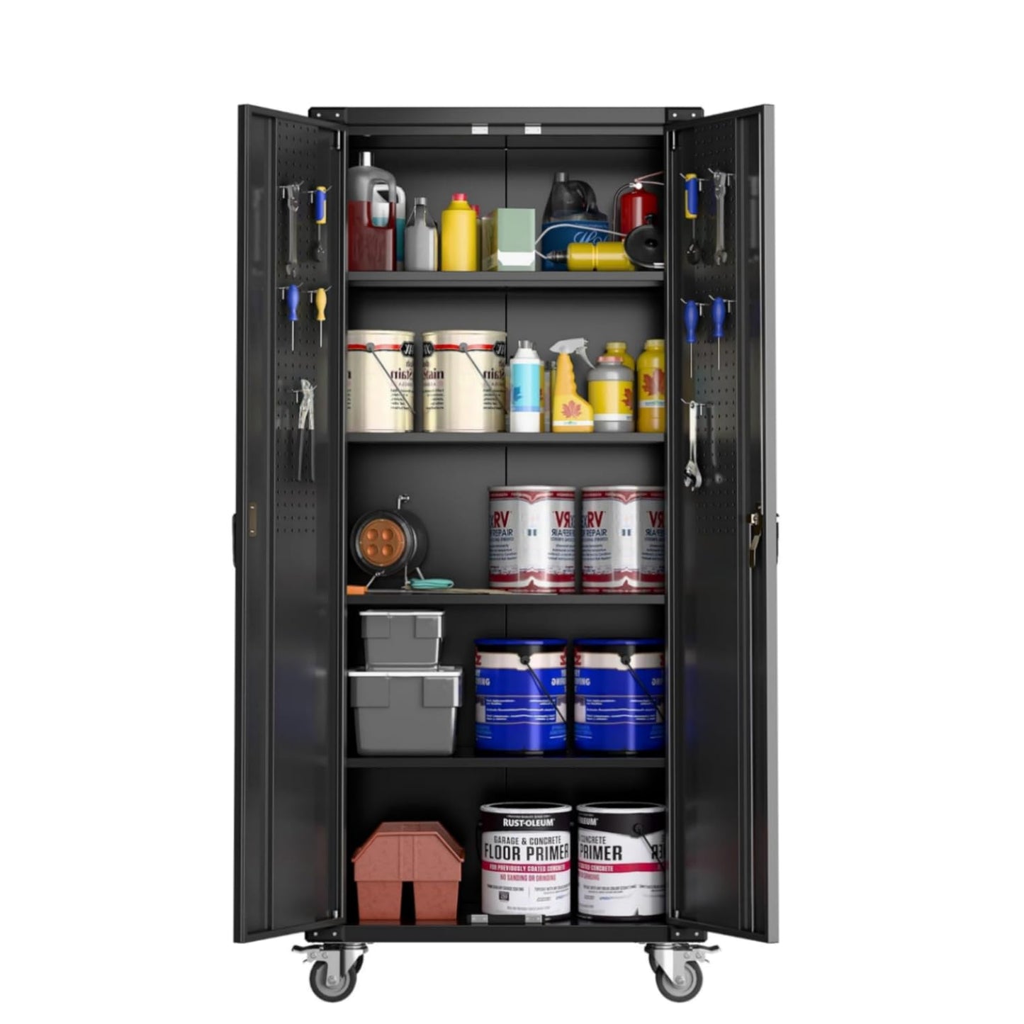 72" Tall Garage Storage Cabinet with Wheels – Locking Heavy-Duty Metal Cabinet with 4 Adjustable Shelves & Door Pegboard, Rolling Tool Cabinet for Workshop, Home, Office – Black