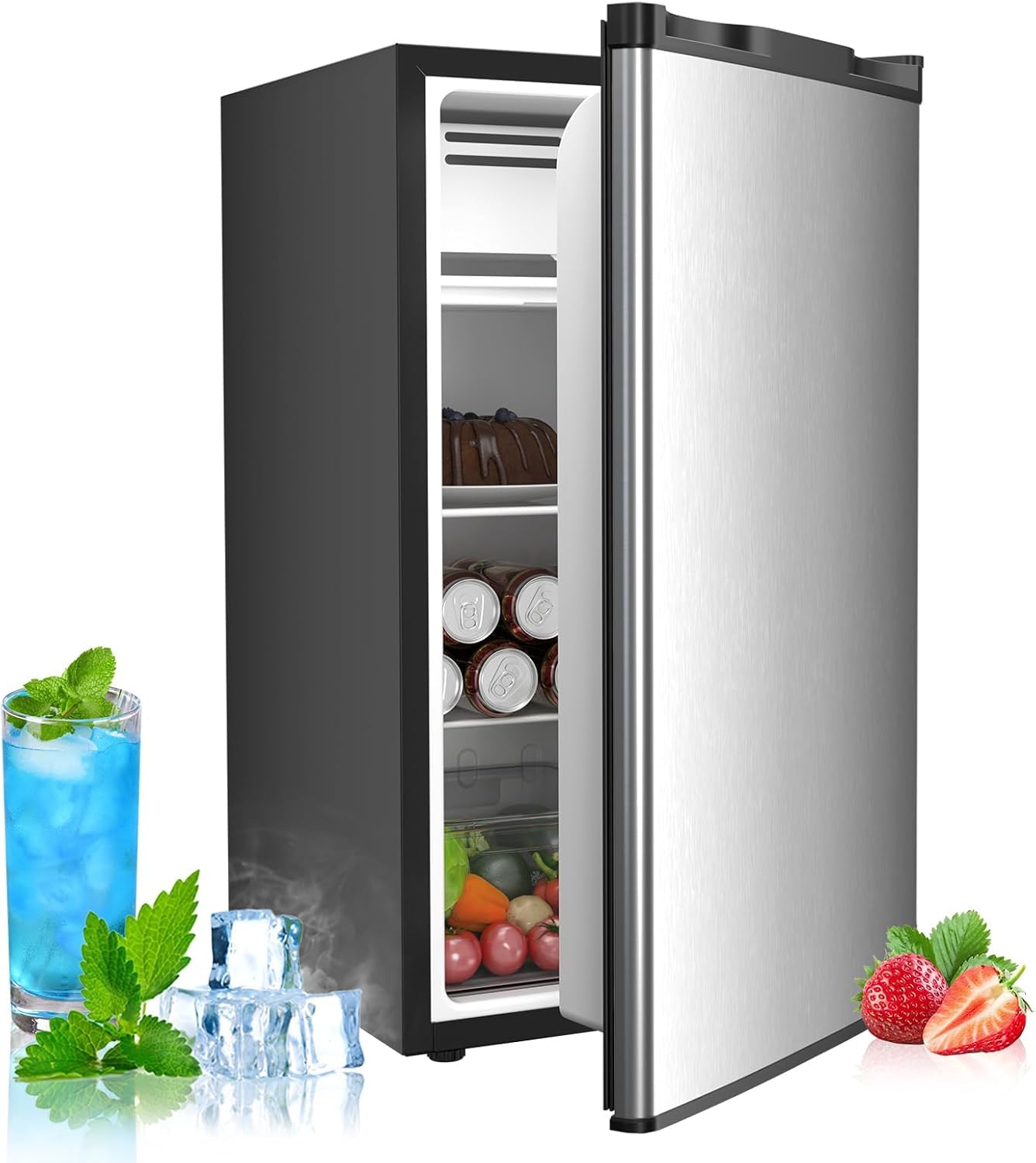 COWSAR 3.2 Cu.Ft Mini Fridge with Freezer, Reversible Door Compact Refrigerator with 7-Speed Thermostat, Small Fridge for Office Dorm, Upright Freezer Style (STEEL)