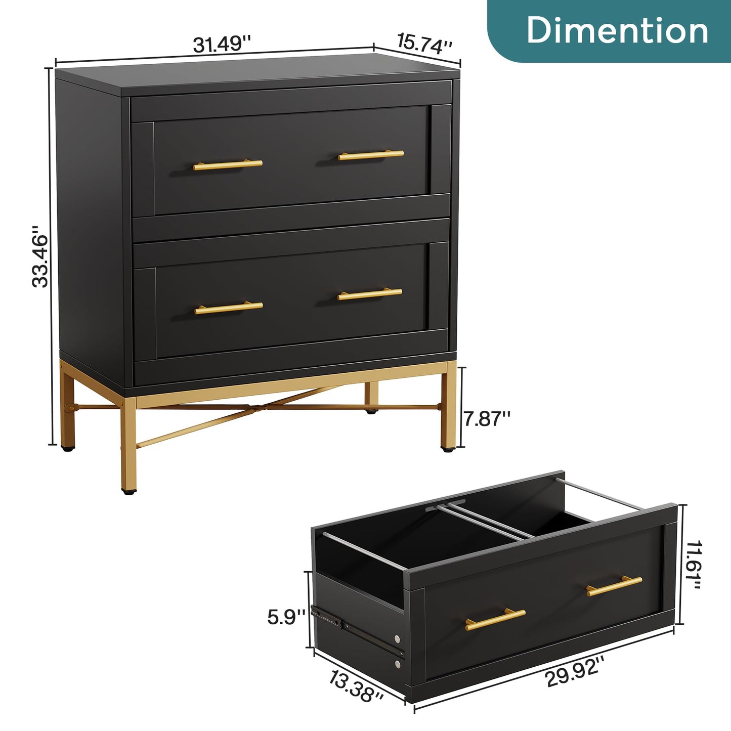 Tribesigns 2 Drawer File Cabinet, Modern Wood Lateral Filing Cabinet for Letter/Legal/A4 Size, Large File Storage Cabinets Printer Stand with Storage for Home Office, Black and Gold