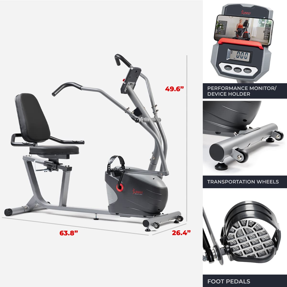 Sunny Health & Fitness Compact Performance Recumbent Bike with Dual Motion Arm Exercisers, Quick Adjust Seat & Exclusive SunnyFit® App Enhanced Bluetooth Connectivity - SF-RB420032 Gray