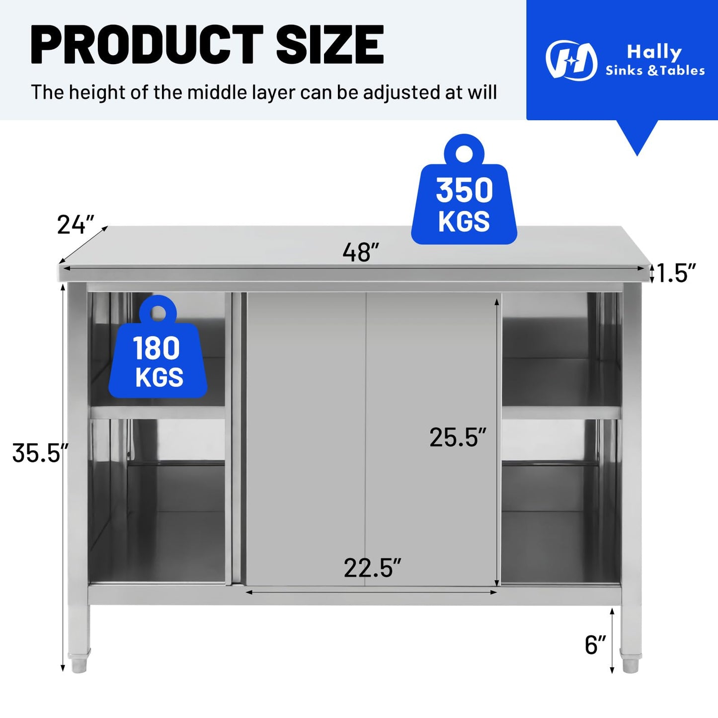 Hally Stainless Steel Cabinet, 24" x 48" NSF Commercial Heavy Duty Prep Workbench with Two Sliding Doors, Large Storage Cabinet, Metal Table for Kitchen, Restaurant, Garage