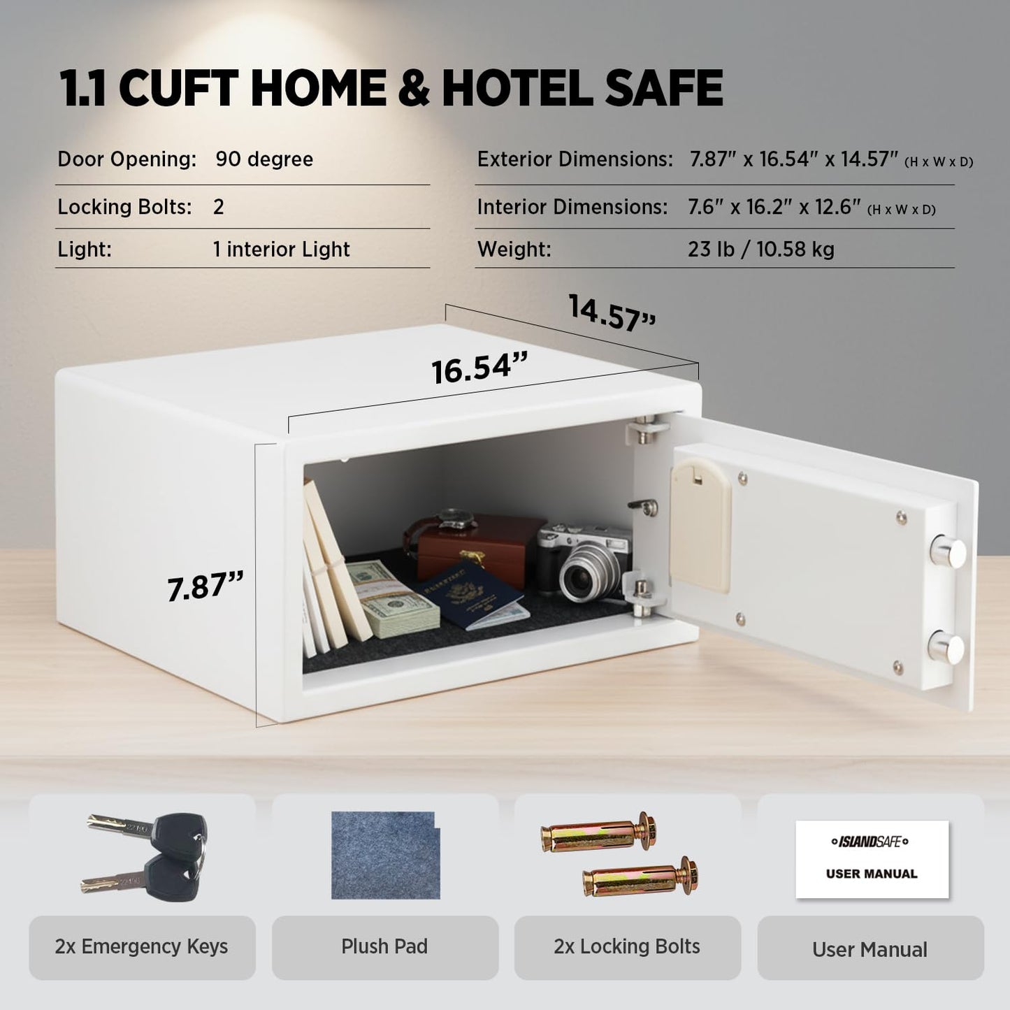 ISLANDSAFE Hotel Safe 1.1 Cubic Feet Home Safe with Digital Keypad,Hotel & Home Dual-Use Safe with Audit Function,Administrator Password,Security Lock Box for Laptop,Jewelry,Watch (White,Digital Code)
